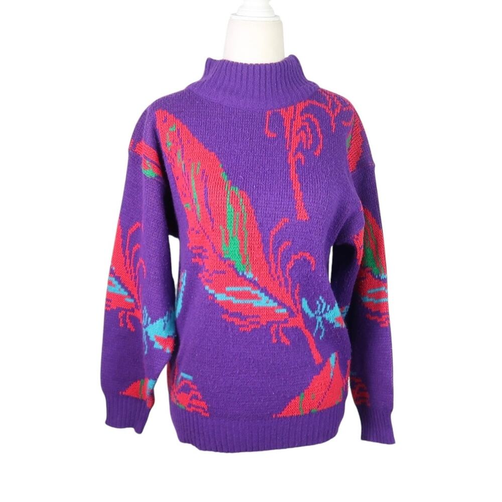 Vintage 80s royal purple and red feather print mockneck sweater S